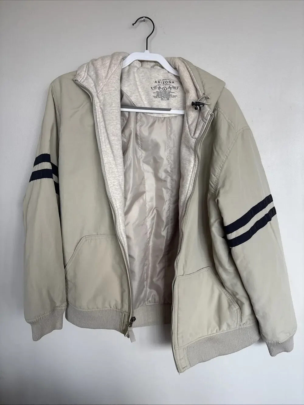 Arizona Jean Co Hooded Bomber Jacket Tan Beige Full Zip Striped Sleeve L